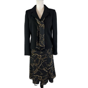 Evan Picone 3pc Skirt Suit size 8 Blazer Scarf Black Gold Equestrian Career